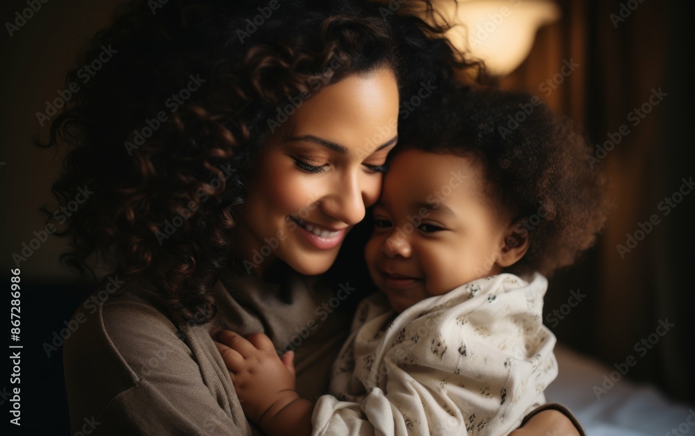 A close-up shot of a woman with curly hair holding a young child close, both smiling at each other A close-up shot of a woman with curly hair holding a young child close, both smiling at each other