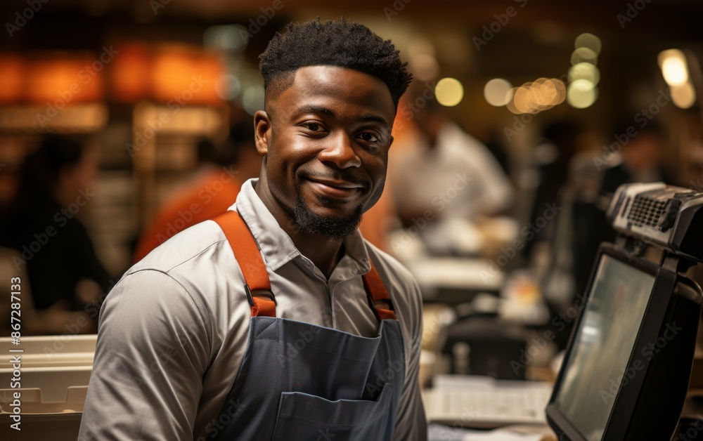 A smiling, African American man in a restaurant kitchen, wearing an apron, looks directly at the camera A smiling, African American man in a restaurant kitchen, wearing an apron, looks directly at the camera