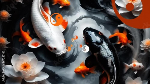 16 seconds of yinyang koi pond with yingyang symbols flying out of picture, hd video 1920 1080, animation, motion graphics   photo