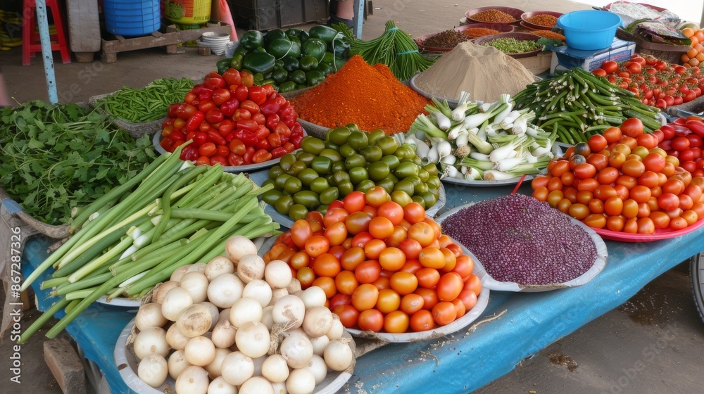 A vibrant market stall overflowing with fresh vegetables, colorful fruits, and aromatic spices, inviting passersby to sample the offerings. A vibrant market stall overflowing with fresh vegetables, colorful fruits, and aromatic spices, inviting passersby to sample the offerings.