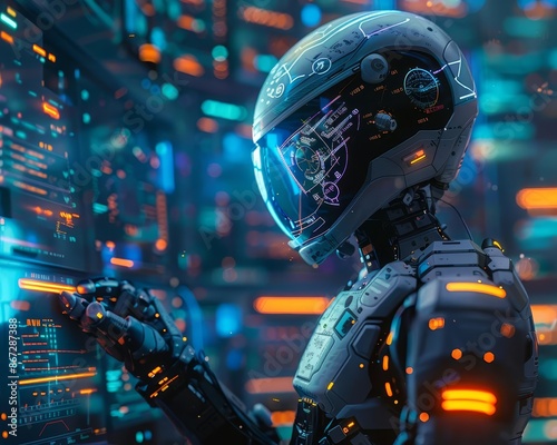 AI robot analyzing data streams, futuristic, neon, digital illustration, glowing holographic interfaces, high tech, cyberpunk, blue tones
