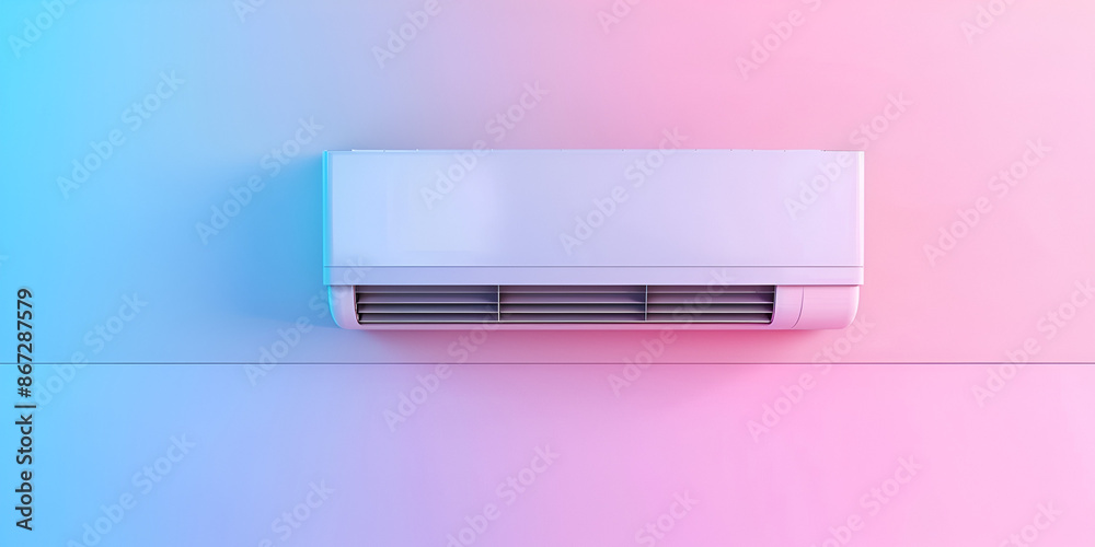 a white air conditioner unit with a blue light on the front, mounted on a wall with a pink gradient background. a white air conditioner unit with a blue light on the front, mounted on a wall with a pink gradient background.