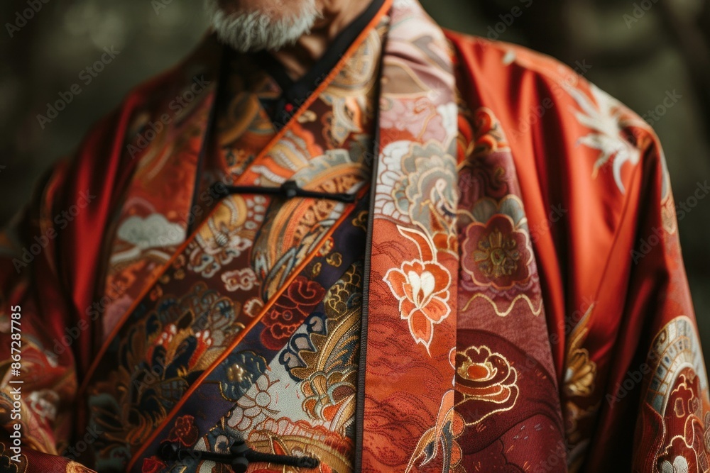 Fototapeta premium Closeup of a senior man wearing traditional chinese clothing with a floral design