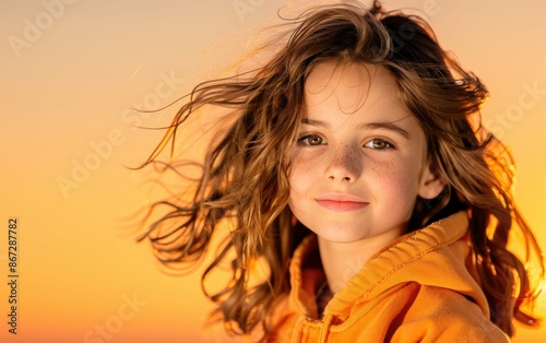 A young girl with long, brown hair smiles at the camera during golden hour. Her hair is blowing in the wind, and the sunset is creating a warm glow around her