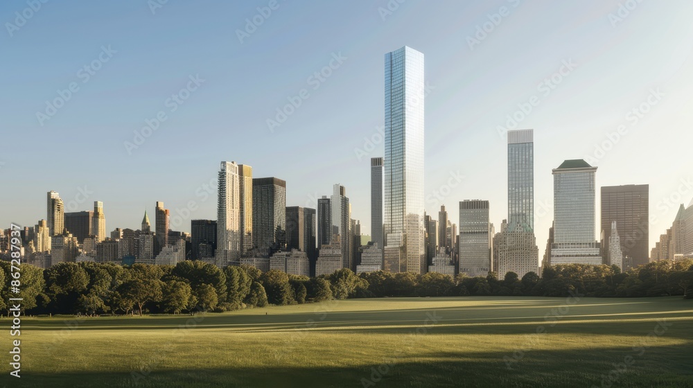 Fototapeta premium A towering modern skyscraper with sleek glass windows reflecting the city skyline, surrounded by lush green parks.