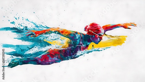 Aquarelle style silhouette a swimmer with brush strokes and splash on white background