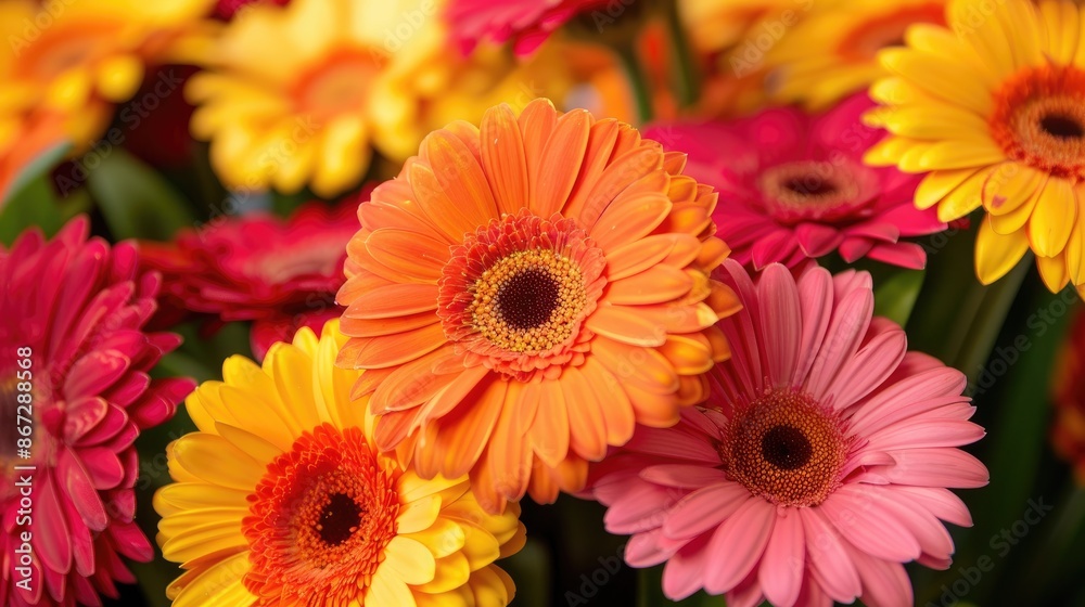 Bouquet of vibrant gerbera flowers in a close up view