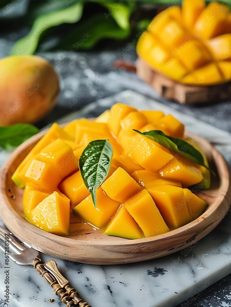 Fresh Diced Mango with Green Leaves in a Wooden Bowl - Photo Fresh Diced Mango with Green Leaves in a Wooden Bowl - Photo