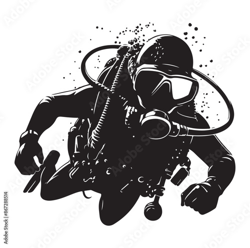 A vector Scuba diving silhouette vector isolated on white background.