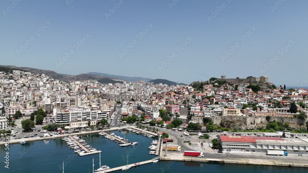 Aerial view of old town, castle and aqueduct in Kavala, Greece, Europe