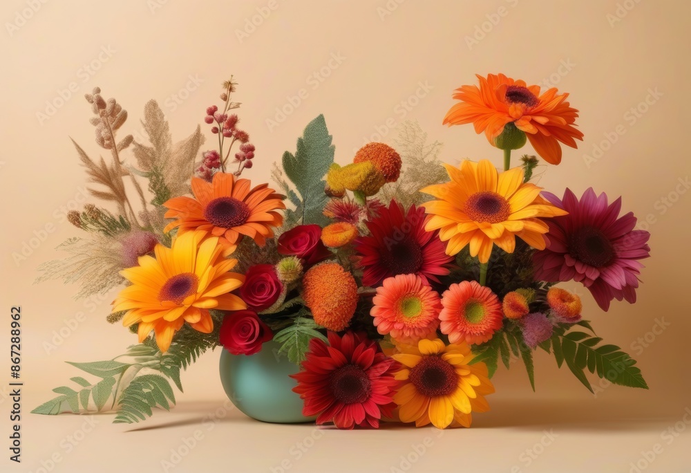 Obraz premium A close-up photo of a colorful flower arrangement on a beige background with shadows