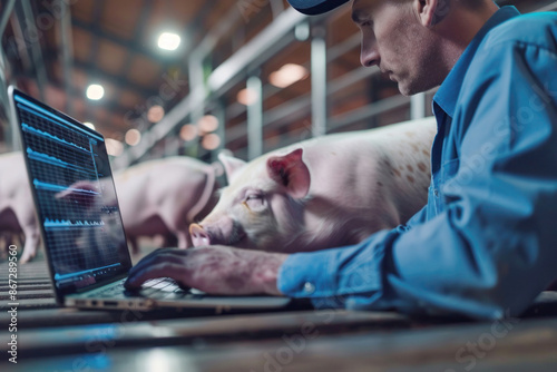 Pig Farmer Using Modern Technology to Monitor Health and Growth of Pigs in High-Tech Farm Setting