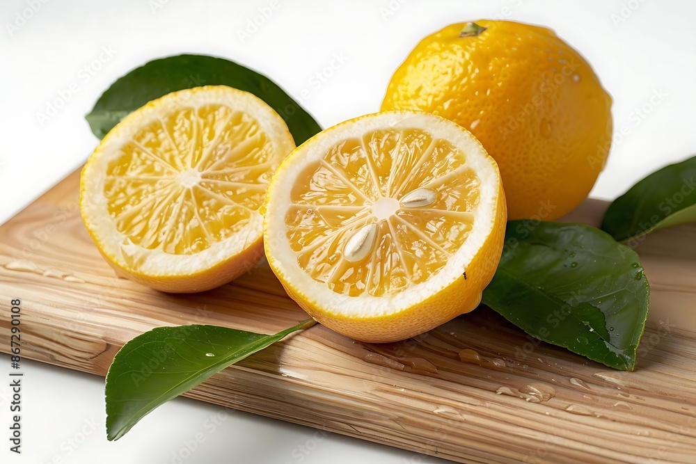 Fresh Lemon Slices with Leaves on Wooden Cutting Board - Photo Fresh Lemon Slices with Leaves on Wooden Cutting Board - Photo