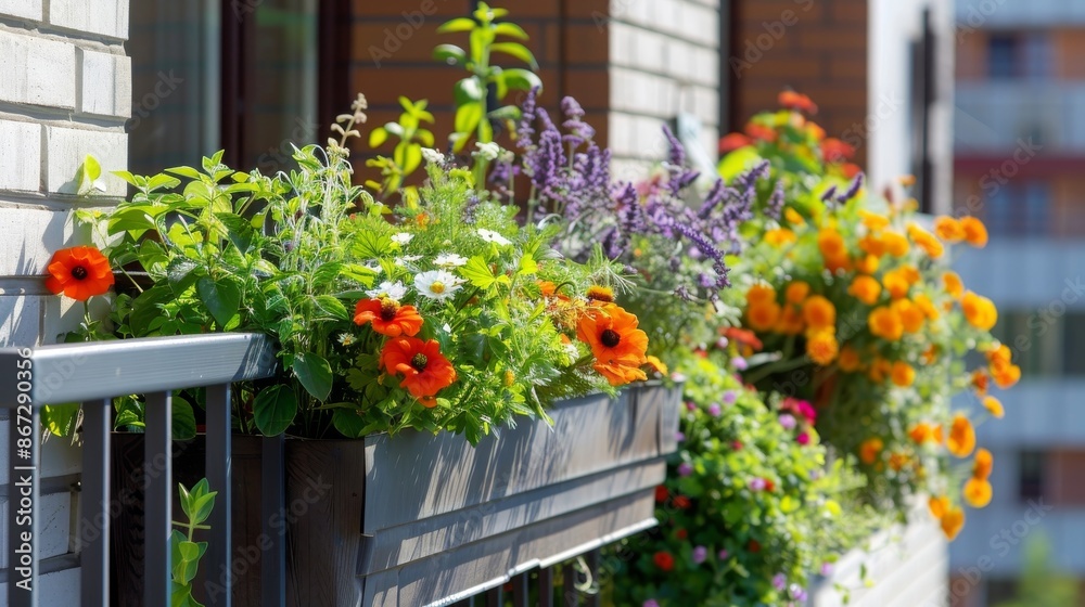 Fototapeta premium Vibrant Balcony Flower Boxes in Urban Setting