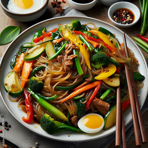 Japchae - Stir-fried glass noodles with vegetables and meat.