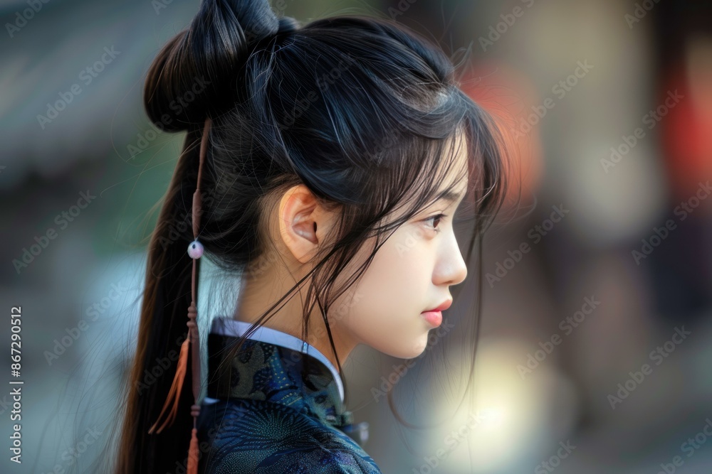 Young woman is posing outdoors while wearing traditional asian clothing and hairstyle Young woman is posing outdoors while wearing traditional asian clothing and hairstyle