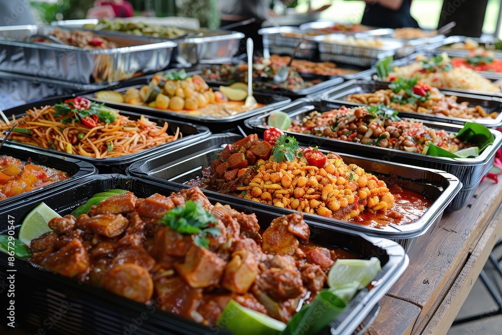 A Buffet of Diverse Dishes in Black Disposable Containers A Buffet of Diverse Dishes in Black Disposable Containers
