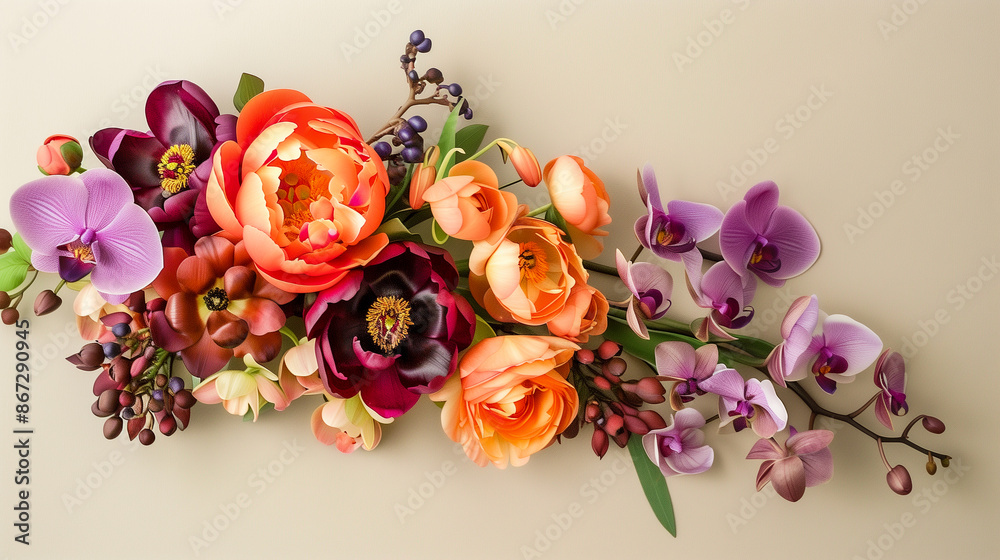 Beautiful arrangement of vibrant orchids and peonies in various colors against a light background, showcasing elegance and natural beauty. Beautiful arrangement of vibrant orchids and peonies in various colors against a light background, showcasing elegance and natural beauty.