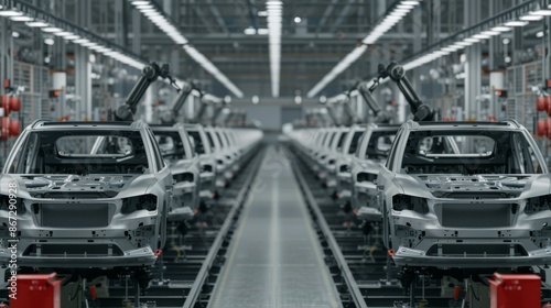 A bustling car assembly line, with robotic arms and human workers collaborating to build sleek, modern vehicles.