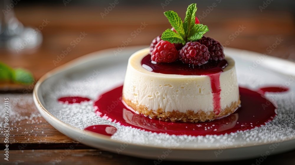 Elegant Cheesecake Dessert with Raspberry Sauce and Fresh Berries on a Plate Elegant Cheesecake Dessert with Raspberry Sauce and Fresh Berries on a Plate