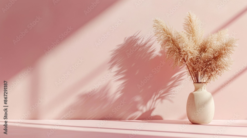 Naklejka premium Pampas grass in a decorative clay vase against a pink wall in the room. Beautiful shadows and sunlight fall on the wall. Interior design of a modern living room.