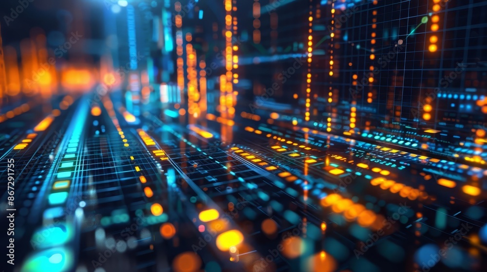 Big data in finance, digital transaction analysis, holographic graphs, futuristic office, high detail, realistic illustration, blue and gold tones, modern technology