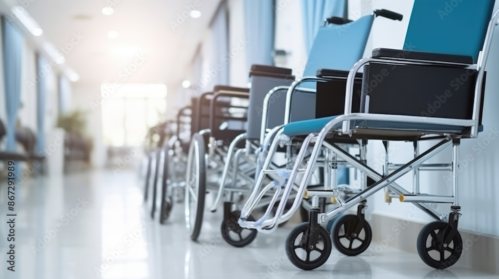 Wheelchairs in the hospital ,Wheelchairs waiting for patient services. with light copy space on left area,, generative ai Wheelchairs in the hospital ,Wheelchairs waiting for patient services. with light copy space on left area,, generative ai