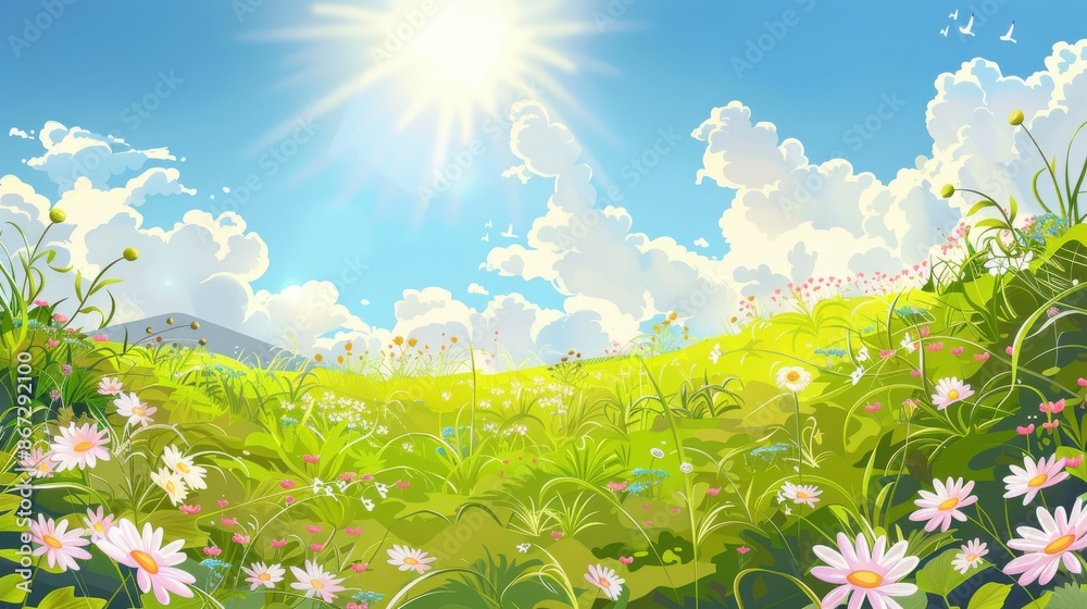 Idyllic Summer Landscape. Sun Shining on Green Hills and Flowers Idyllic Summer Landscape. Sun Shining on Green Hills and Flowers