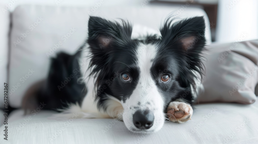 A small, black and white collie with fluffy fur is lying on a white couch in a modern room. The dog is alert and waiting for its owner to come home. A small, black and white collie with fluffy fur is lying on a white couch in a modern room. The dog is alert and waiting for its owner to come home.