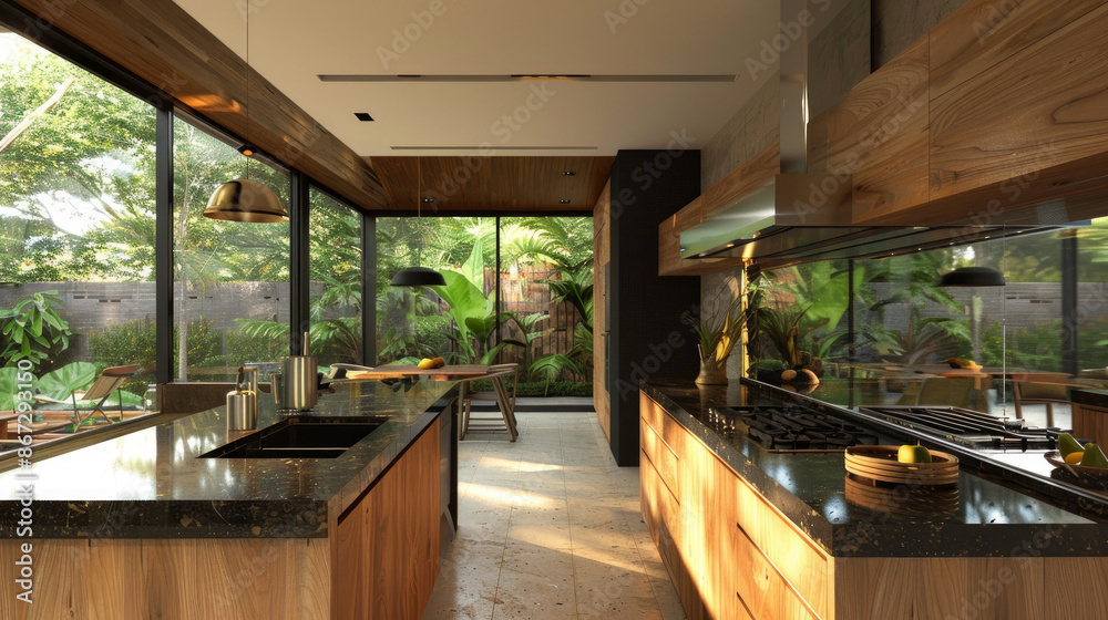 A stunning modern kitchen in Guadalajara, Mexico, boasts sleek granite countertops and warm wood cabinetry. A stunning modern kitchen in Guadalajara, Mexico, boasts sleek granite countertops and warm wood cabinetry.