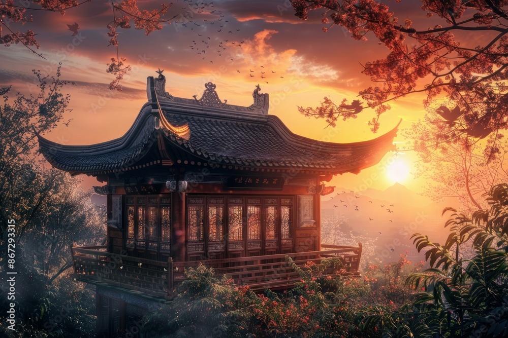 Serene landscape featuring a traditional chinese pagoda nestled amidst lush foliage, bathed in the warm glow of a breathtaking sunset Serene landscape featuring a traditional chinese pagoda nestled amidst lush foliage, bathed in the warm glow of a breathtaking sunset