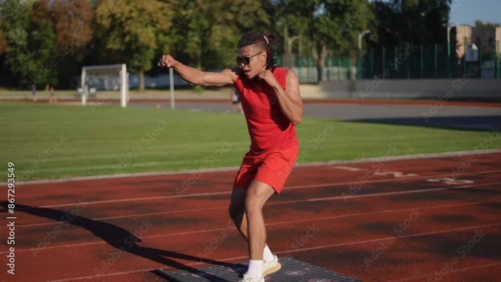 A stylish athlete in sunglasses and dreadlocks is boxing, moving in drawn circles on a fitness mat that lies on the stadium running track on an autumn day A stylish athlete in sunglasses and dreadlocks is boxing, moving in drawn circles on a fitness mat that lies on the stadium running track on an autumn day