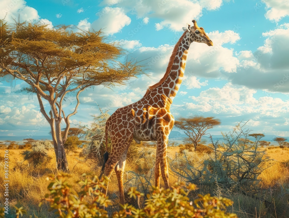 Fototapeta premium Graceful giraffe browsing on tree leaves in a savannah backdrop of acacia trees natural world photo realistic wide angle