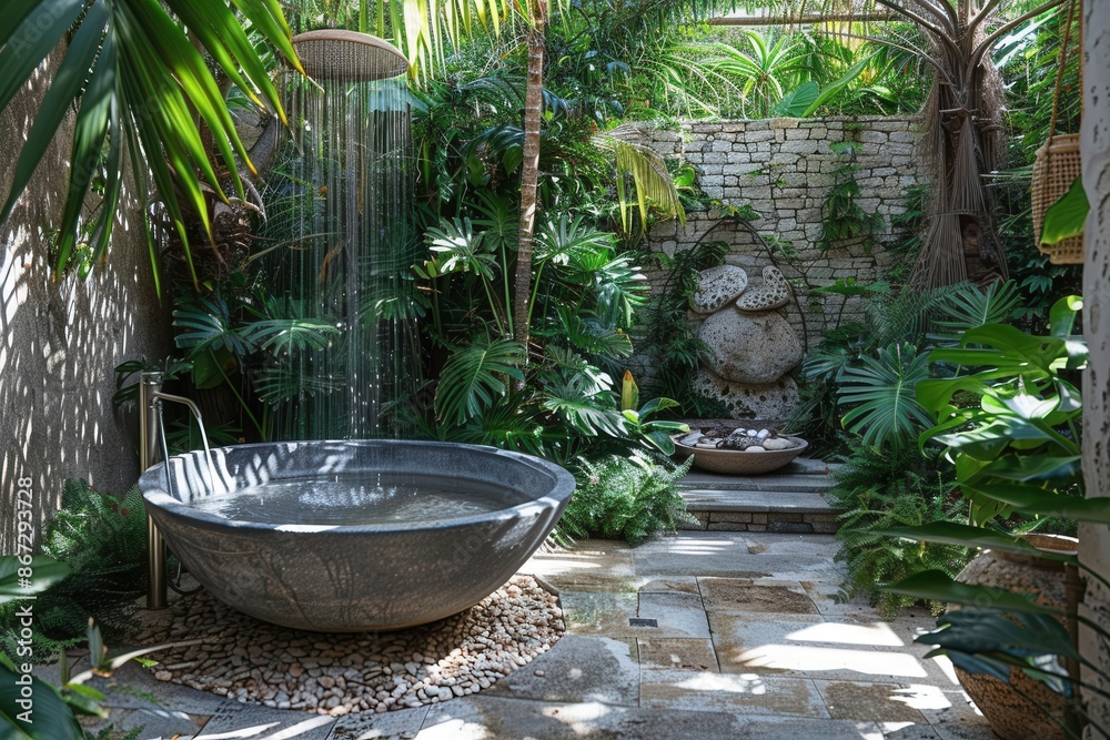 Zeninspired outdoor bath surrounded by lush tropical plants, luxurious and private, soft natural light, serene and tranquil Zeninspired outdoor bath surrounded by lush tropical plants, luxurious and private, soft natural light, serene and tranquil