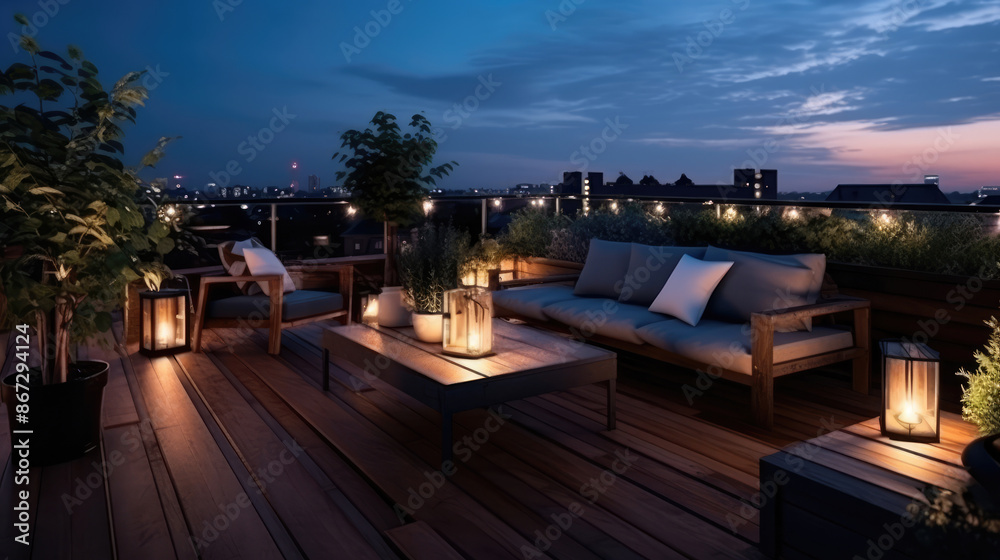 Fototapeta premium Roof terrace of a beautiful house with night-time view of the city. View over cozy outdoor terrace with outdoor string lights and lanterns., generative ai