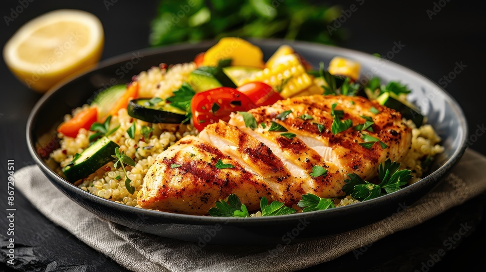 Grilled Chicken Breast with Quinoa and Vegetables on Black Plate with Lemon and Herbs Grilled Chicken Breast with Quinoa and Vegetables on Black Plate with Lemon and Herbs