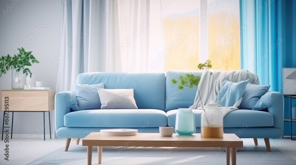 Modern blurred bright home interior with blue sofa, table and decor in living room. This home design is perfect for displaying products or as a background, generative ai Modern blurred bright home interior with blue sofa, table and decor in living room. This home design is perfect for displaying products or as a background, generative ai