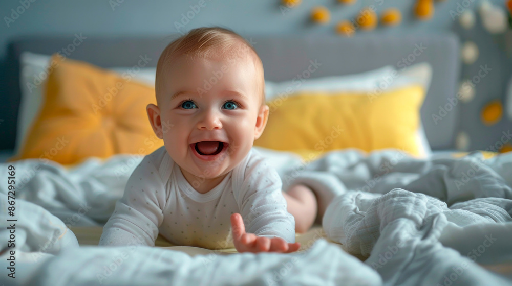 Happy Baby Lying On Bed In White Onesie Happy Baby Lying On Bed In White Onesie
