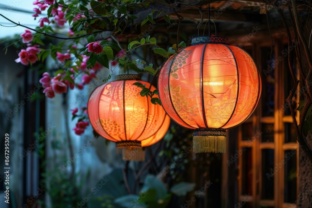Two traditional chinese paper lanterns illuminating a garden at night Two traditional chinese paper lanterns illuminating a garden at night
