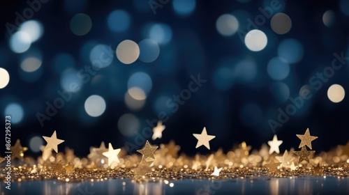 Abstract background with gold stars, particles and sparkling on navy blue. Christmas Golden light shine particles bokeh on navy blue background. 2024 New year background.  generative ai photo