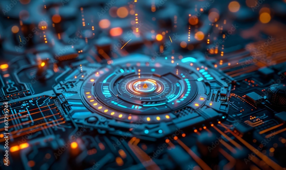 Fototapeta premium Cybersecurity firewall, digital barrier, encrypted data protection, futuristic interface, high detail, neon lights, 3D rendering, blue tones