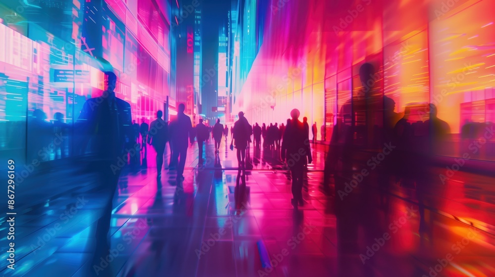 Blurred Silhouettes of people walking in a city at night. Blurred Silhouettes of people walking in a city at night.