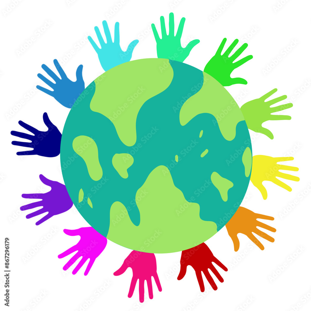 Obraz premium A group of children holding hands and forming a circle around a globe , Protecting environment. world peace concept,