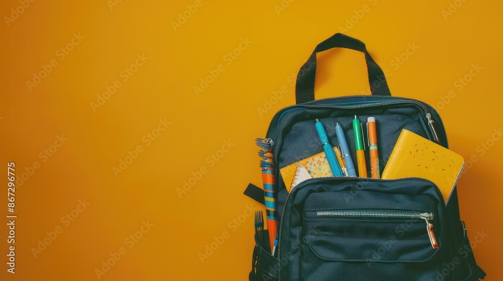 Fototapeta premium School supplies with a school backpack on a yellow background with space to copy. The concept of 