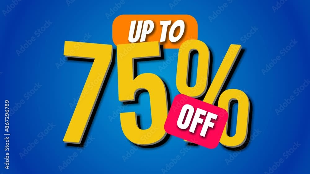 UP TO 75% OFF - Set of seamless looping banner text promotion animation with a blue background. UP TO 75% OFF - Set of seamless looping banner text promotion animation with a blue background.