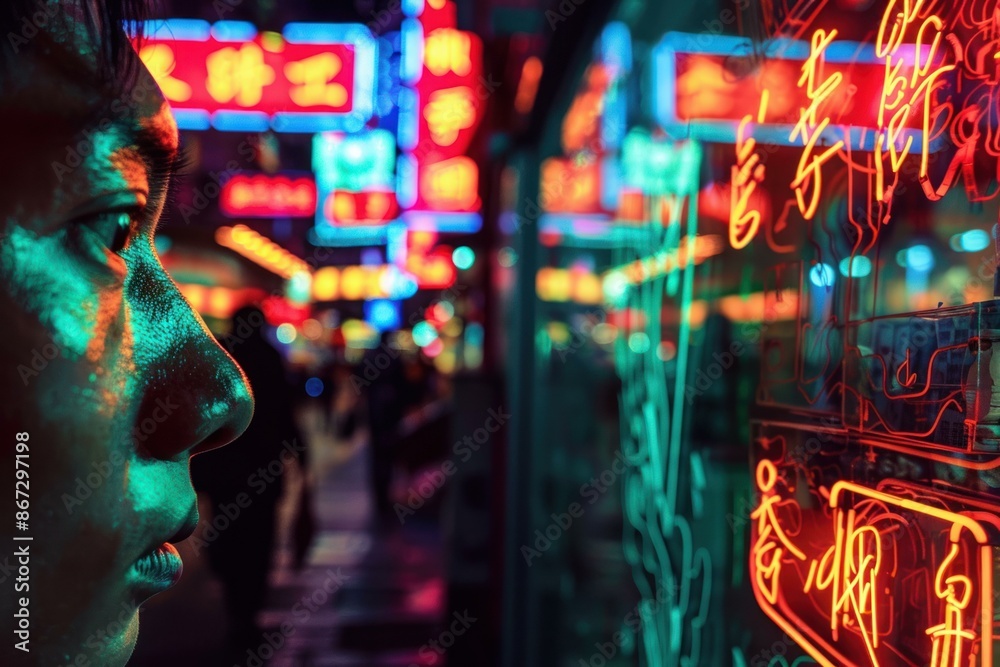 Young man is illuminated by colorful neon lights while standing on a busy hong kong street at night Young man is illuminated by colorful neon lights while standing on a busy hong kong street at night