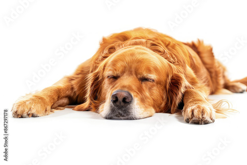 golden retriever dog lying down on the floor isolated on white background