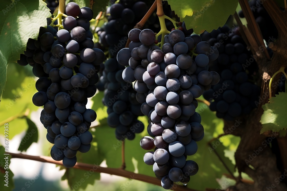 Obraz premium Black grapes hanging on a tree. Black grapes in the orchard