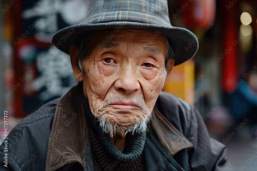 Elderly chinese man with a weathered face is posing outside on a busy city street Elderly chinese man with a weathered face is posing outside on a busy city street