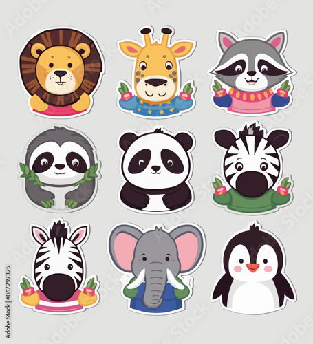 Cute Animals printable stickers clipart vector illustration set